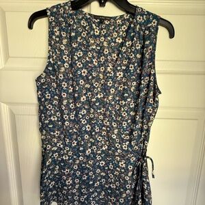 Floral Faux Wrap Sleeveless Top- Blue